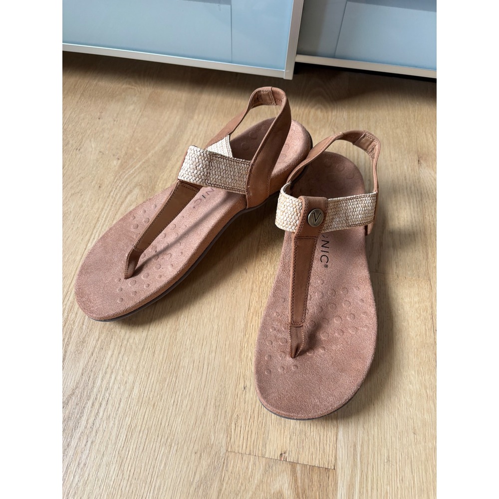 Vionic Brea Toe Post Tan Leather Raffia Slingback Sandals Women 8 Orthotic Camel